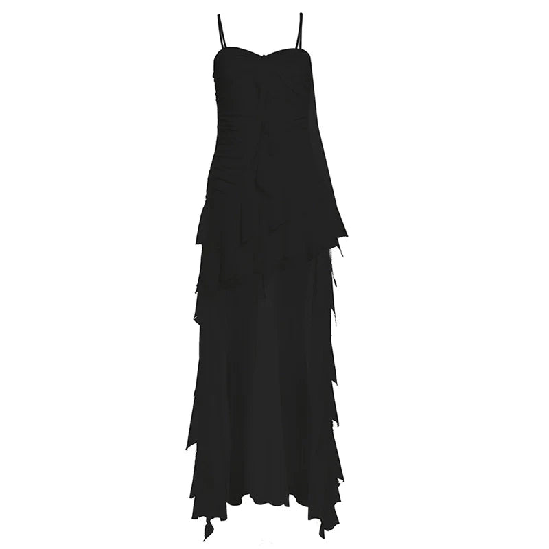 French Fairycore Ruffle-Paneled Camisole Asymmetrical Midi Dress