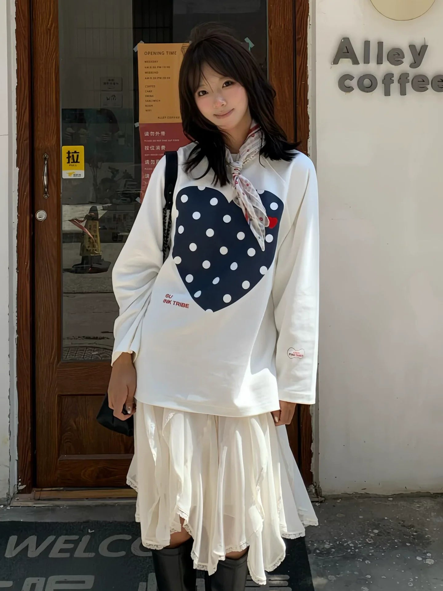 Korean White Heart Dot Long Sleeve Tee