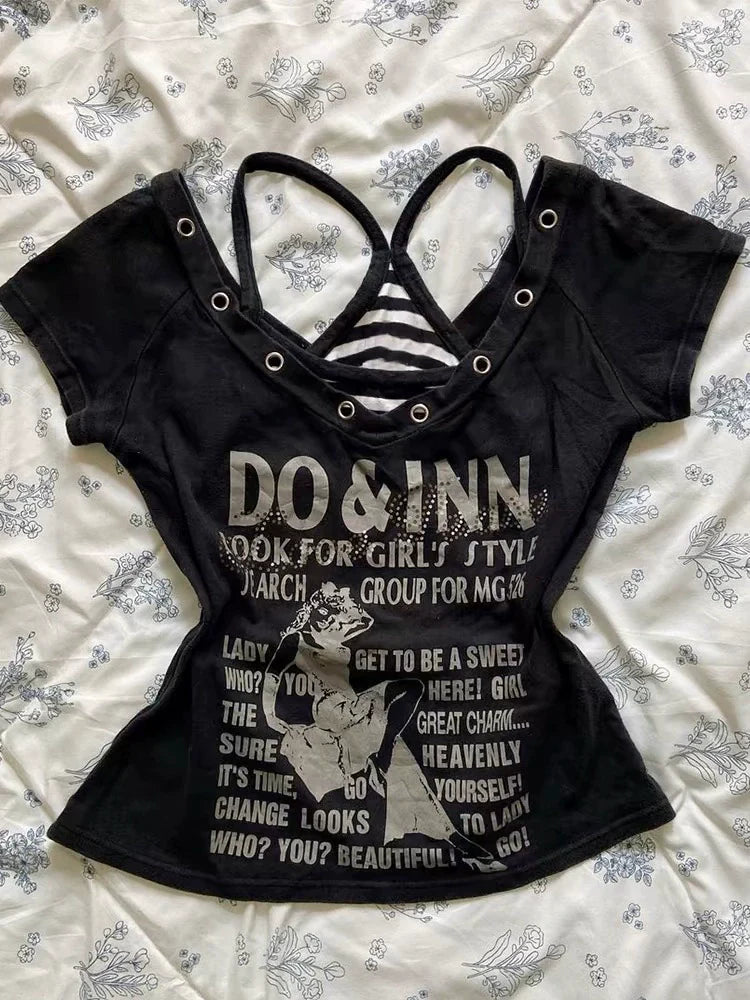 Black Striped V Neck Letter Tee and Cami Y2K Two Pieces Top Set