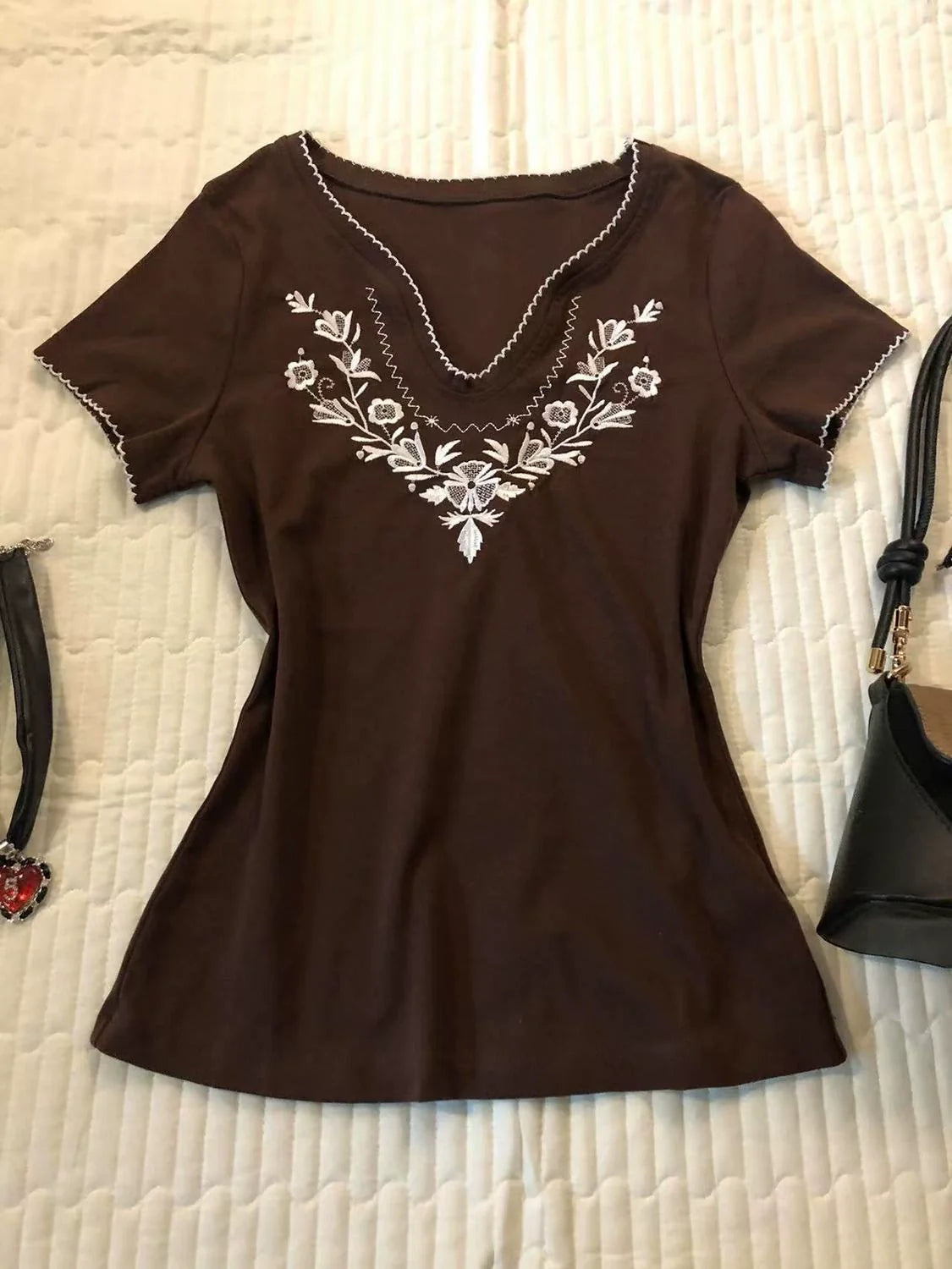 Brown Subculture Y2K E-girl Abi American Retro Vintage Early Embroidery Short Sleeve Top