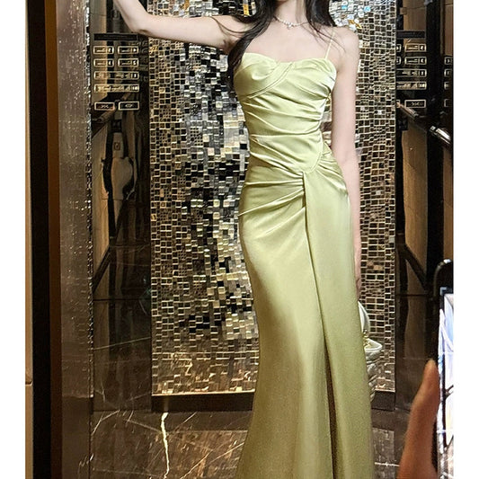 French Satin Halter Mermaid Gown Dress