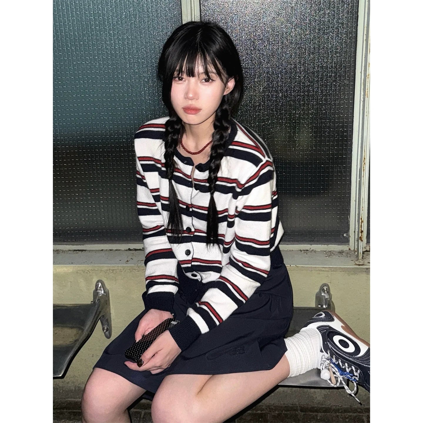 Korean Lazy Stripe Knit Cardigan Vintage College Top