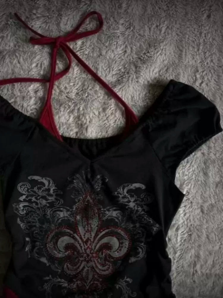 Black Red Fake Two-Piece Halter Rhinestone Y2K T-Shirt