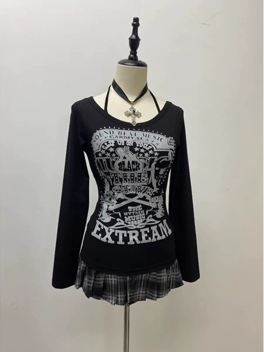 Black Gothic Vintage Print Designer Long Sleeve Y2K T-Shirt