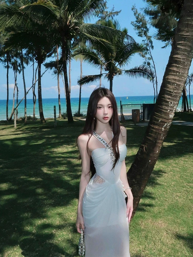 French High-End Rhinestone-Embellished Halter Mermaid Dress