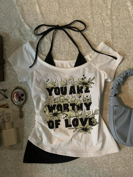 White Vintage Print Halter Fake Two-Piece Y2K T-Shirt