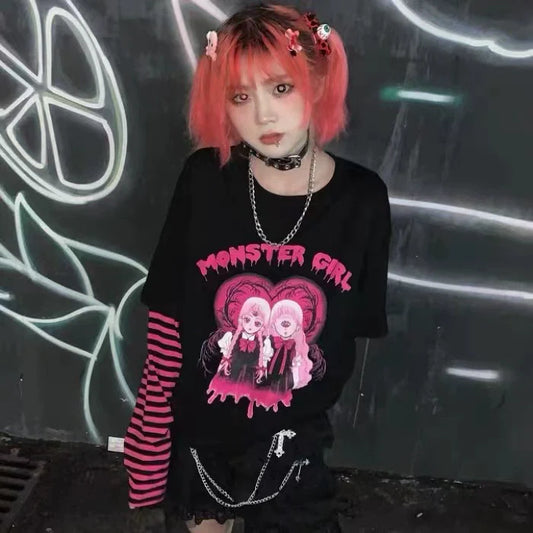 Black Subculture Punk Y2K E-girl Harajuku Manga Print Fake Two-Piece Oversized Top