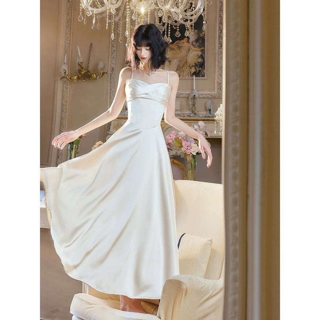 French Luxury Satin Spaghetti Strap Gown Dress – Engagement and Party Dress