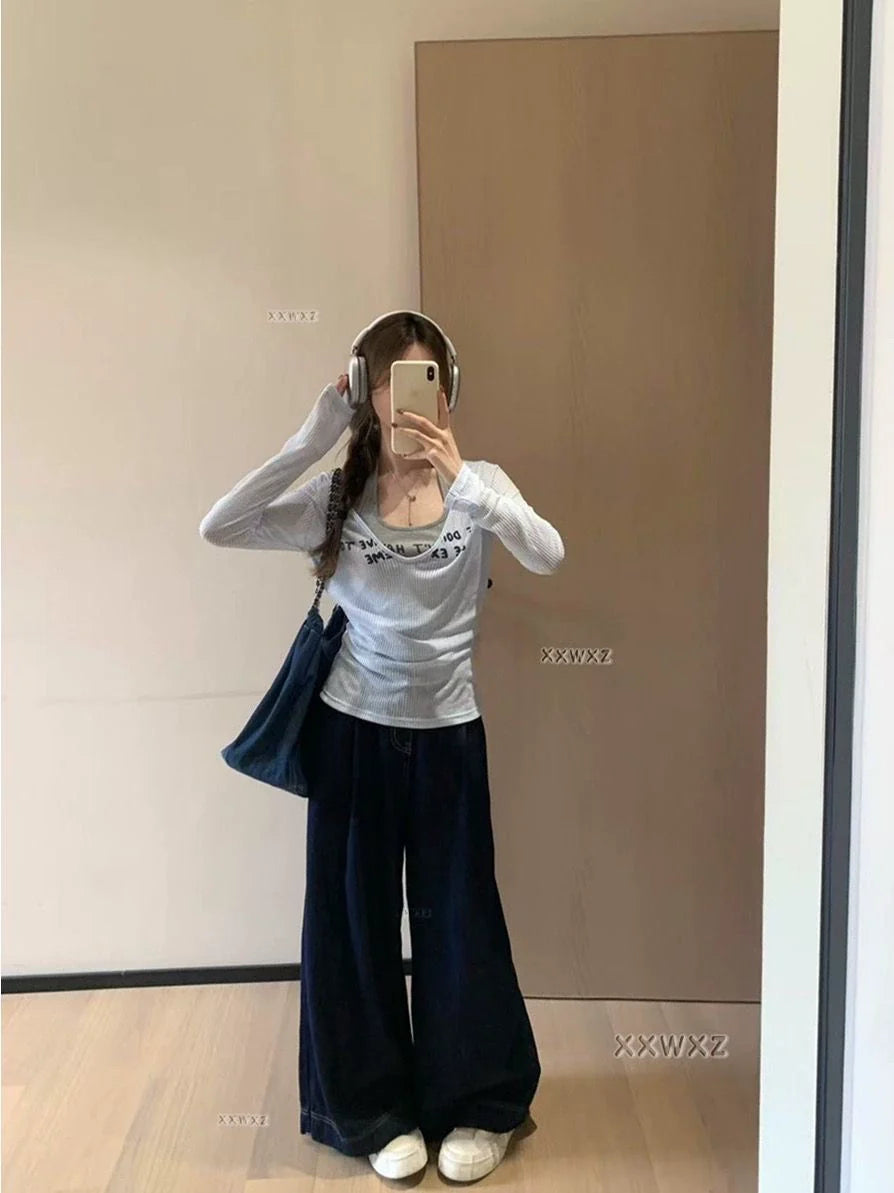 Blue & Gray Two-Piece Set Light Subculture Y2K E-girl American Retro Long Sleeve T-shirt & Printed Camisole Set