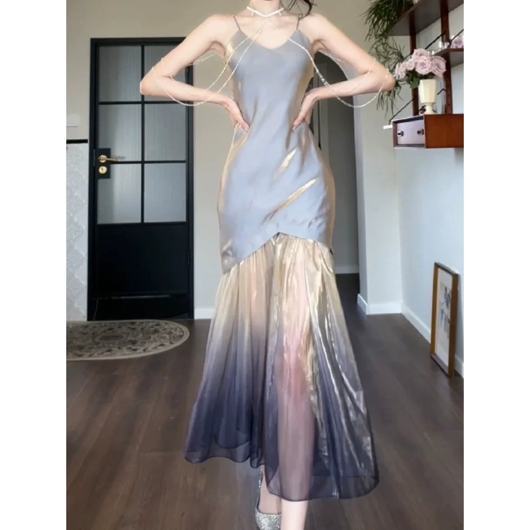Holographic Iridescent Spaghetti Strap Mermaid Gown Dress