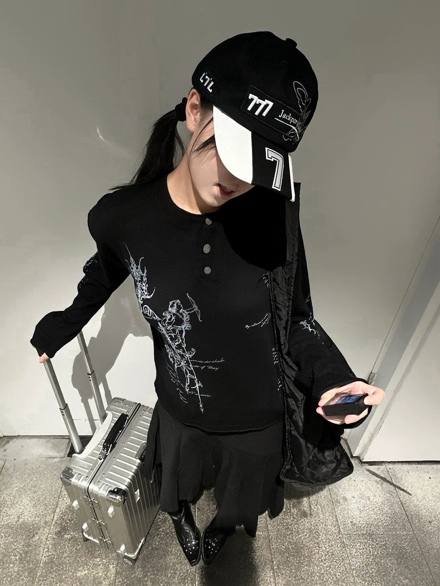 Y2K Subculture Rune Print Henley Long Sleeve Tee Loose Fit Punk Visual Kei Base Layer Top