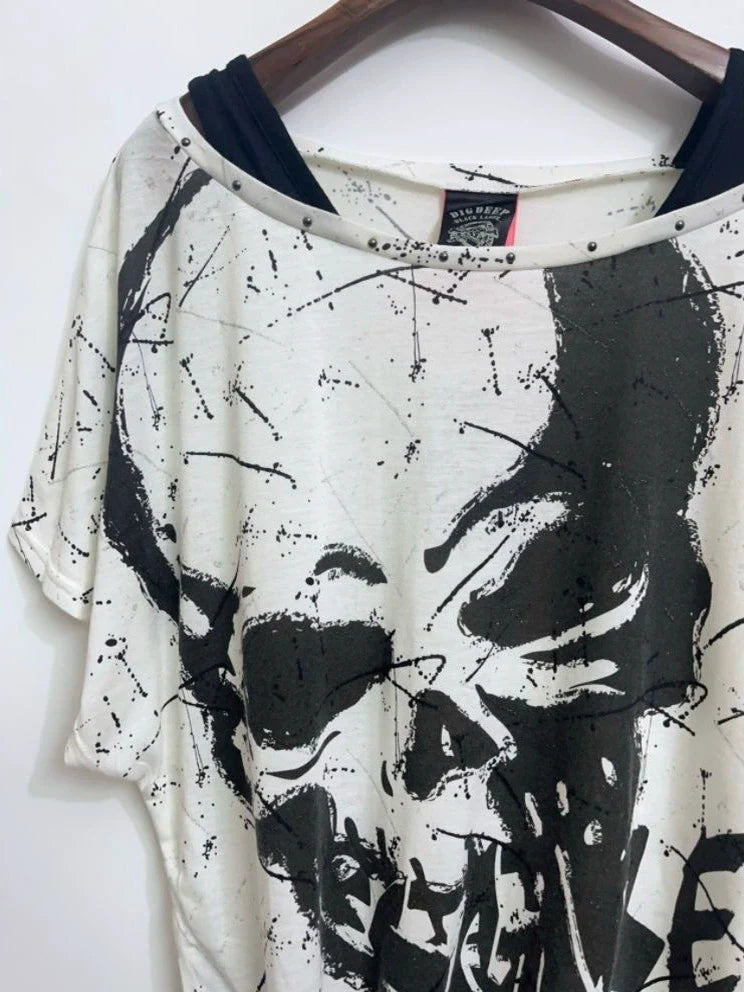 Black and White Bat Sleeve Fake Two-Piece Y2K T-Shirt