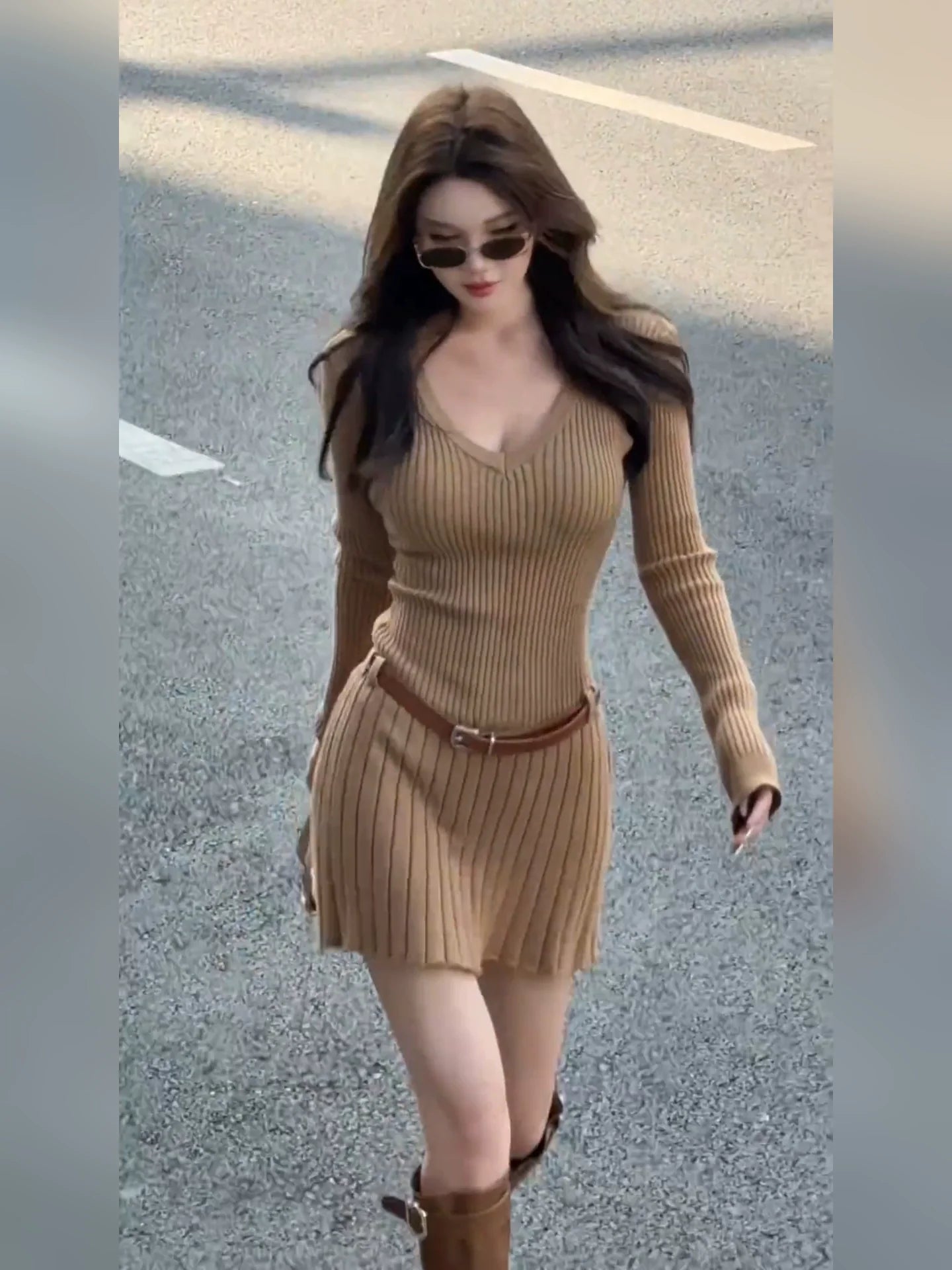 French V-Neck Long-Sleeve Knit Waist-Cinched Pleated Mini Dress