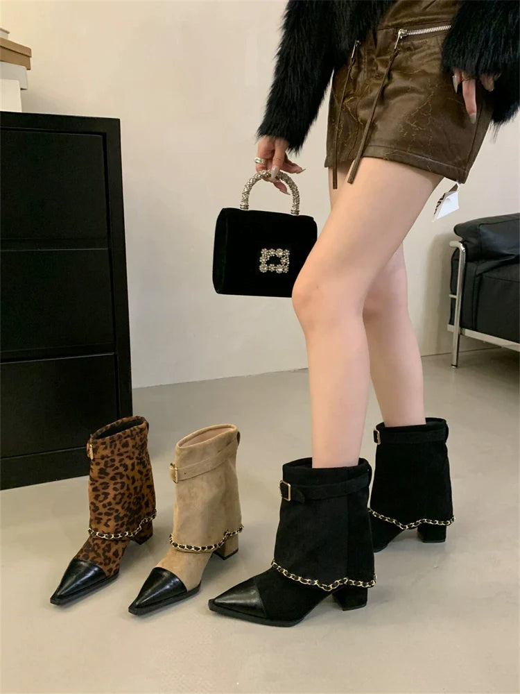 Minimalist Chic Color Block Chain Trouser Boots Women Fall Winter New Pointed Toe Chunky Heel Ankle Fashion Biker Boots