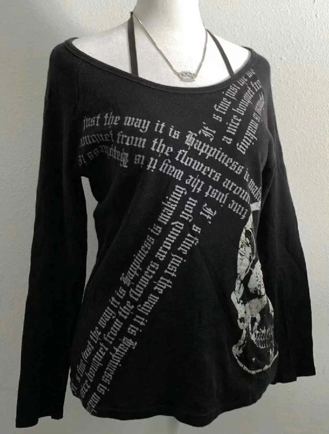 Black Subculture Gothic Rock Punk Y2K E-girl Skull Print Oversized Long Sleeve Top
