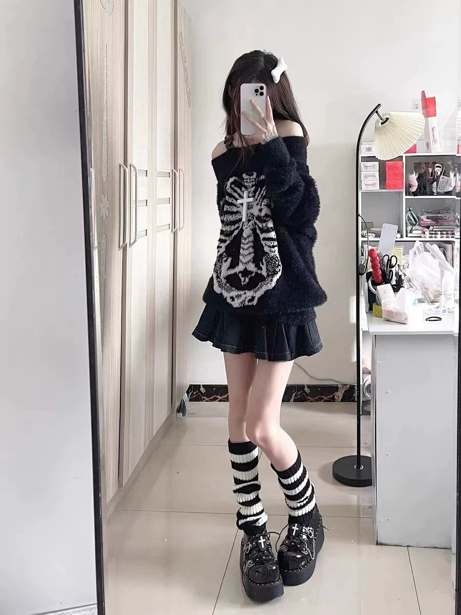 Black Y2K Punk Mink Fur Off-The-Shoulder Mid-Length Sweater