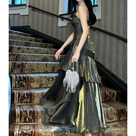 Mermaid Butterfly Ruffle High-End Black Gold Gown Dress