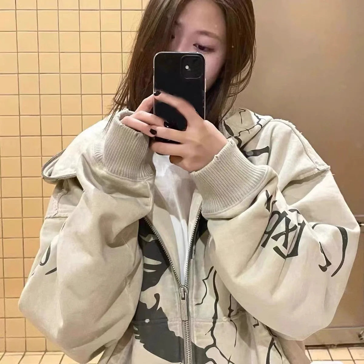 Beige Y2K Punk Retro Oversized Hoodie
