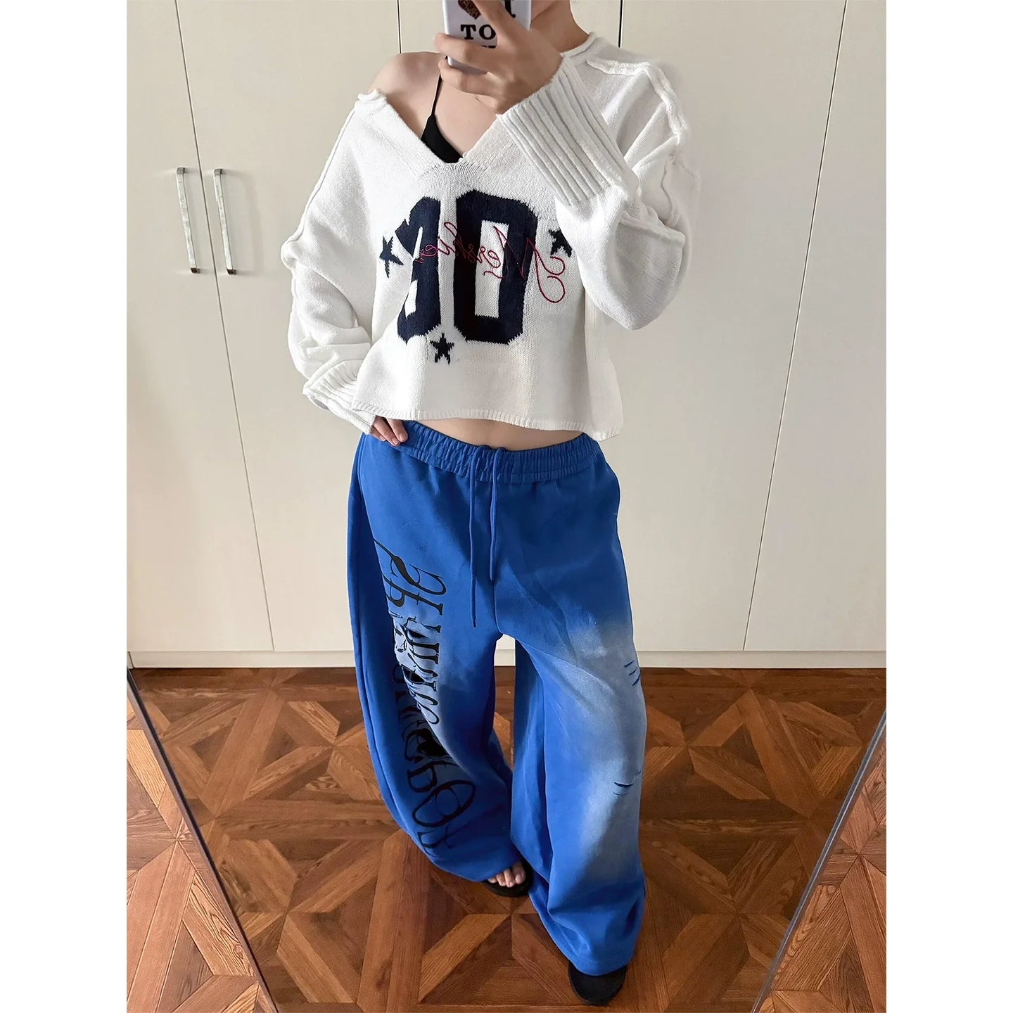 Retro V Neck Numeric Print Knit Top Y2K Sweater