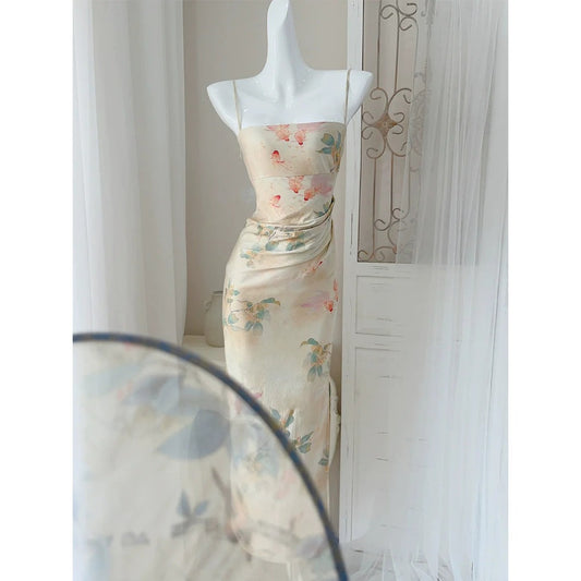 Ink Wave Chinese Spaghetti Strap Gown Dress – Artistic National Style Dress