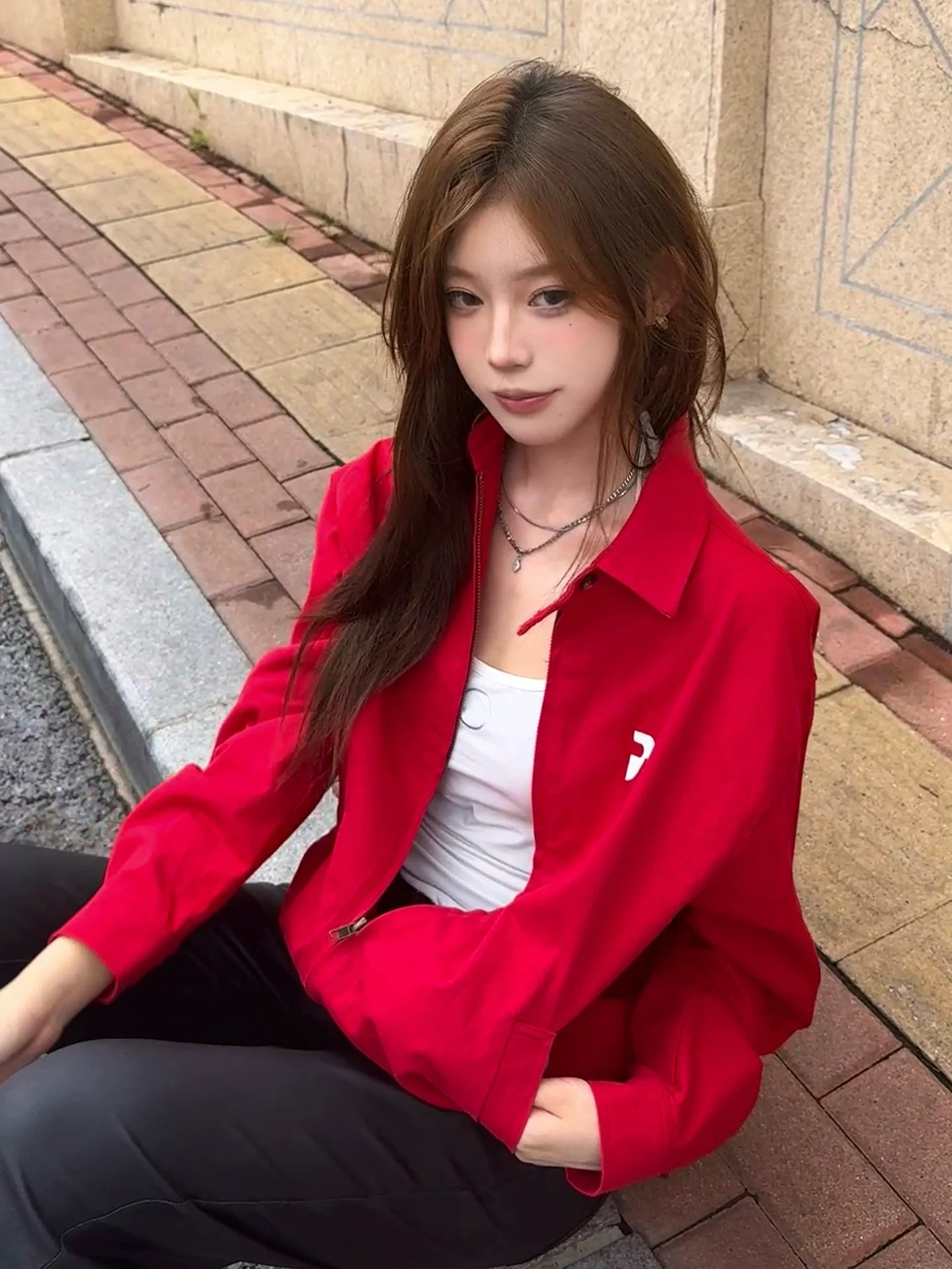 American Red Retro Jacket Autumn-Winter Casual Loose Fit Vintage Collar Top