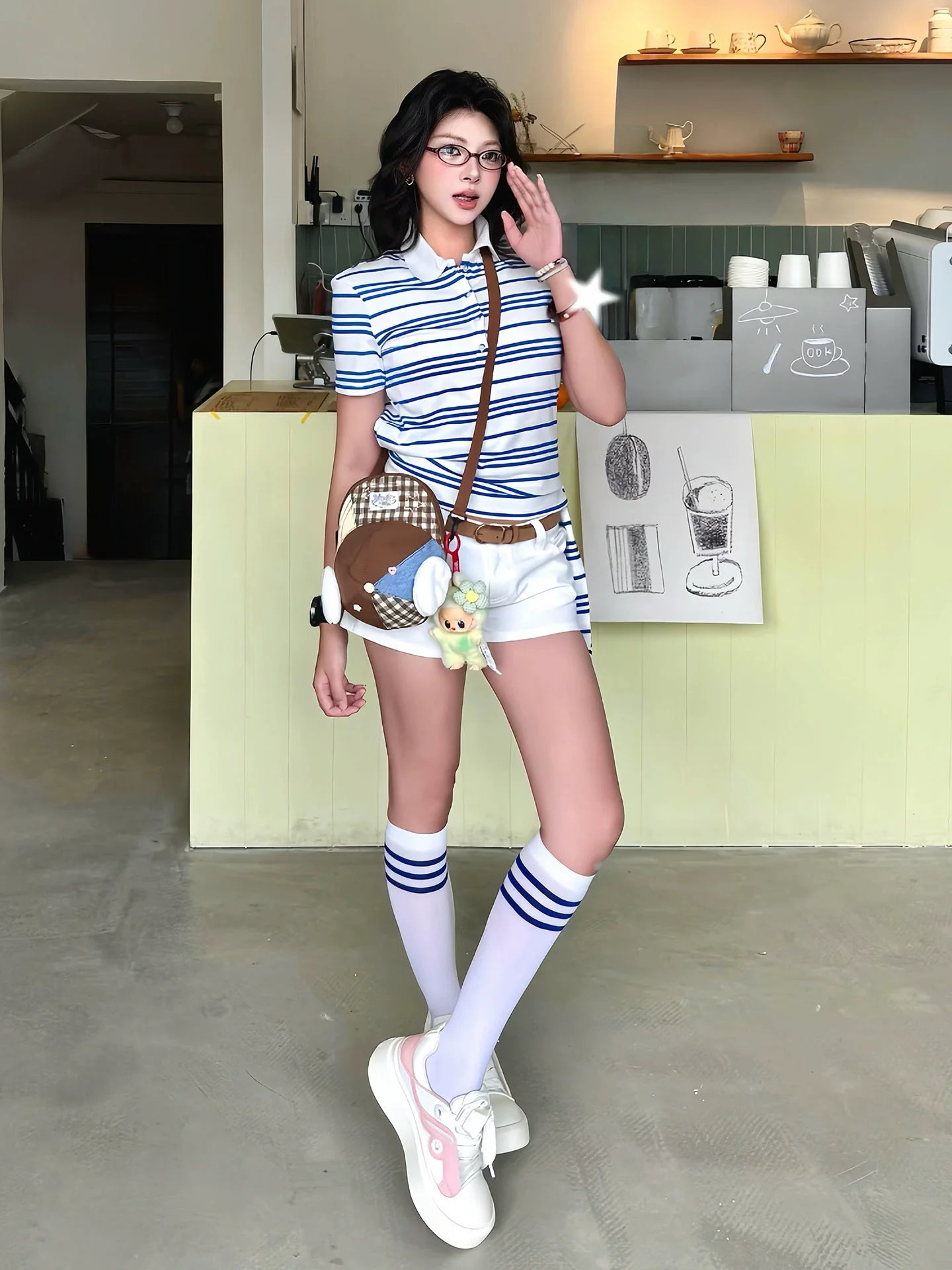 American Striped Polo Tie-Up Cropped Shirt Structured Shoulder Slim Fit Short Sleeve Top