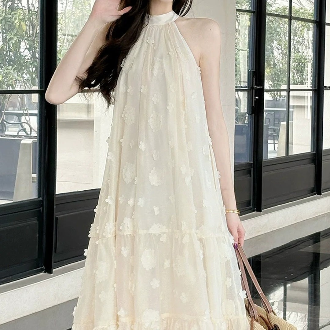 White Embroidered Halter Floral Tulle Gown Dress