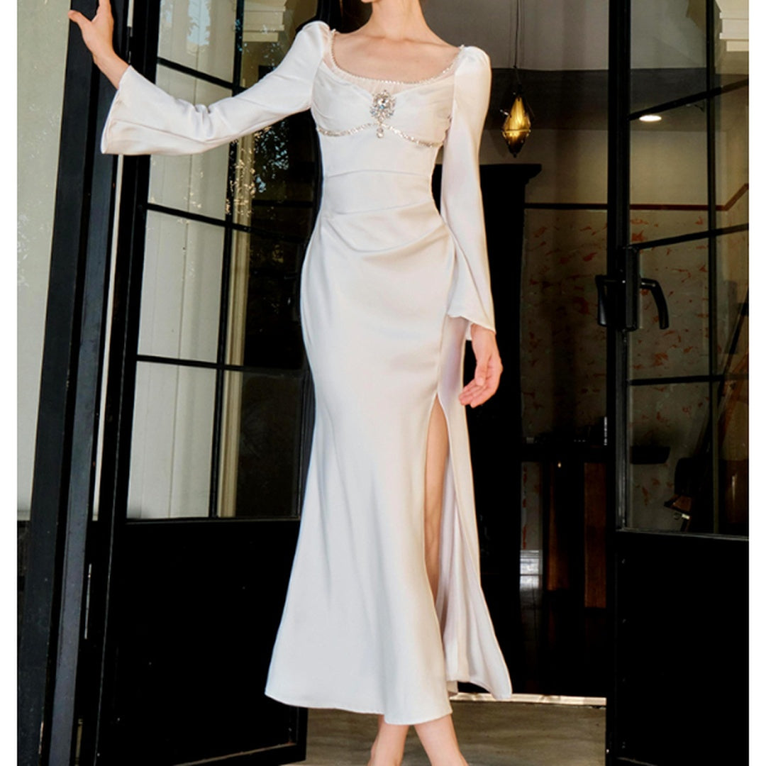 French Satin Embellished Mermaid Gown Dress