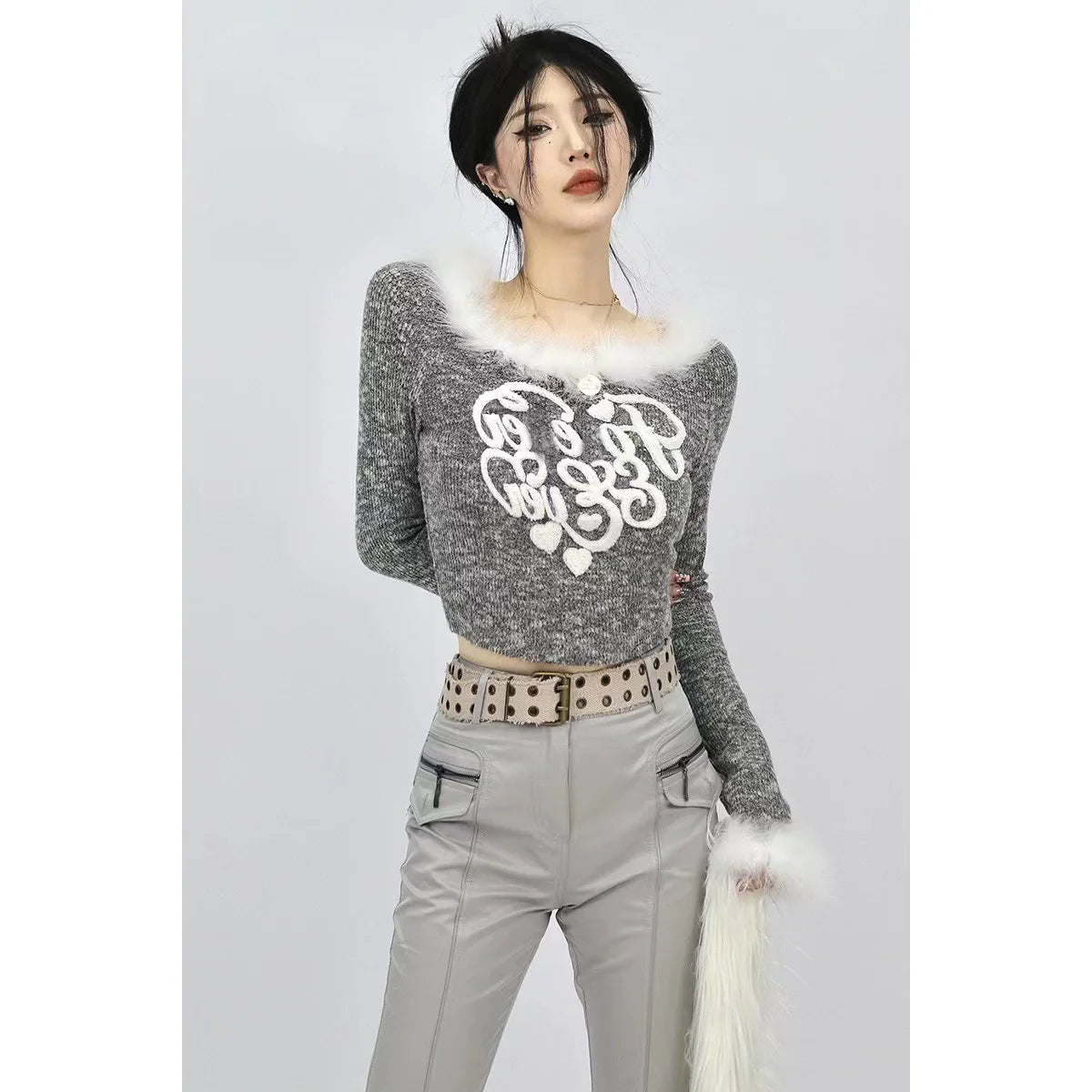 Heathered Gray Y2K Pure Elegance Fuzzy Cropped Sweater