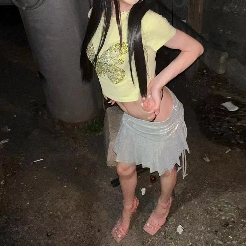 Yellow Cropped Butterfly Rhinestone Slim Y2K T-Shirt