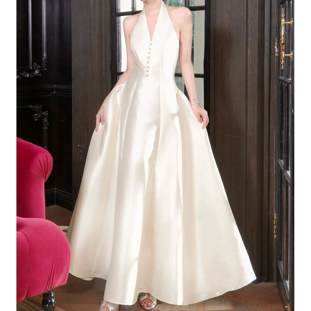 French Satin Halter Neck Waist Gown Dress