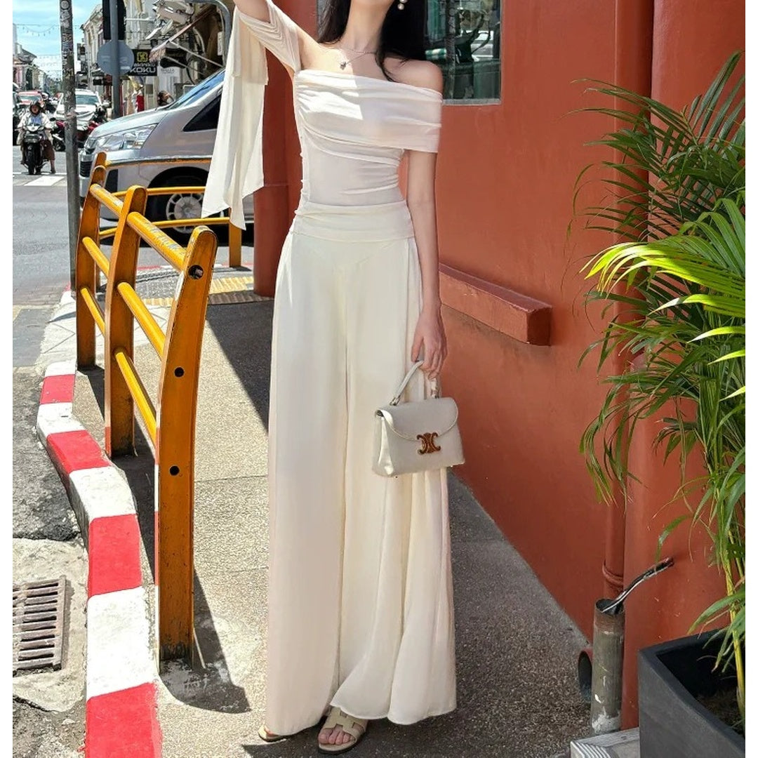 One-Shoulder Strapless Acetate Top and Satin Wide-Leg Pant Set