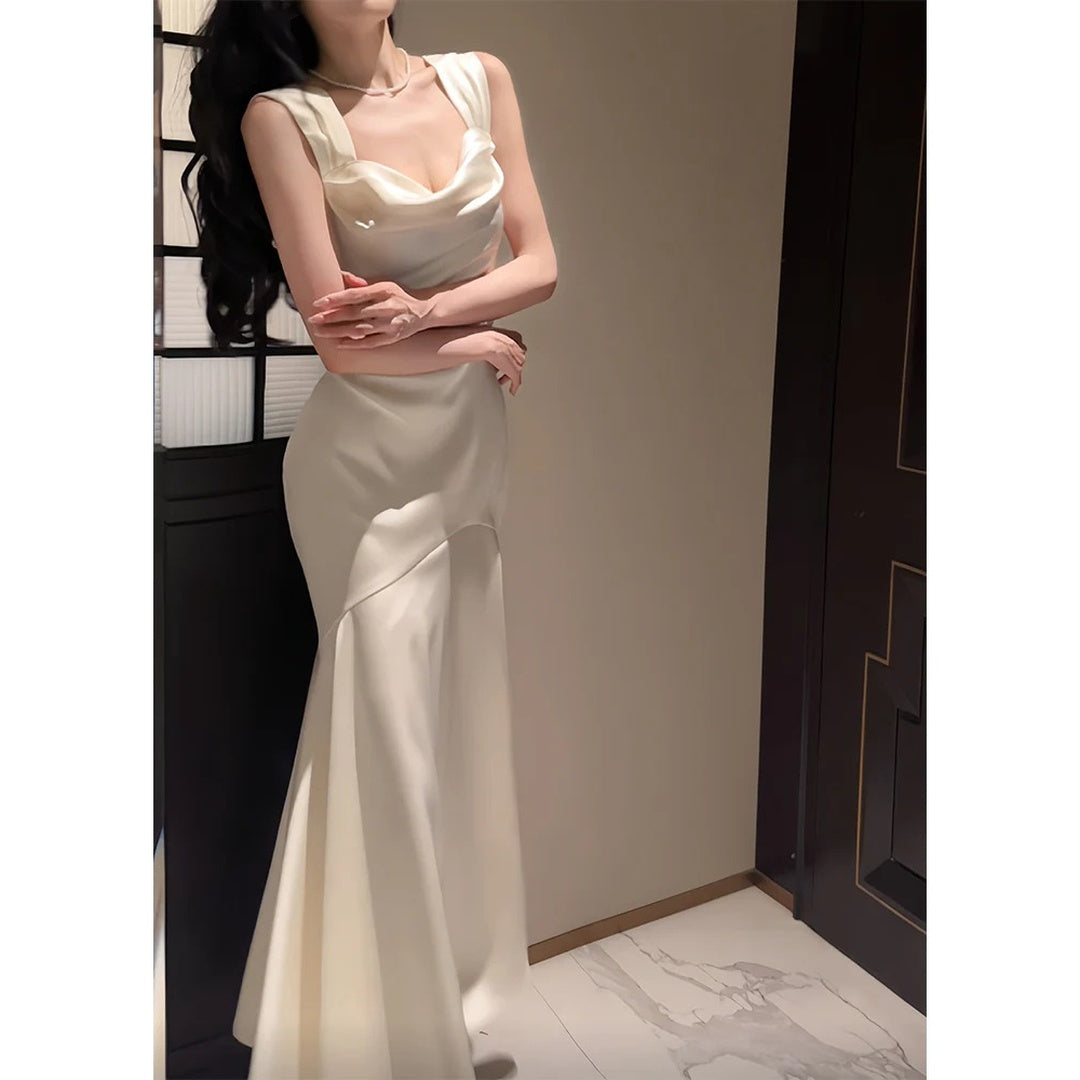 French Satin Waist Spaghetti Strap Mermaid Gown Dress