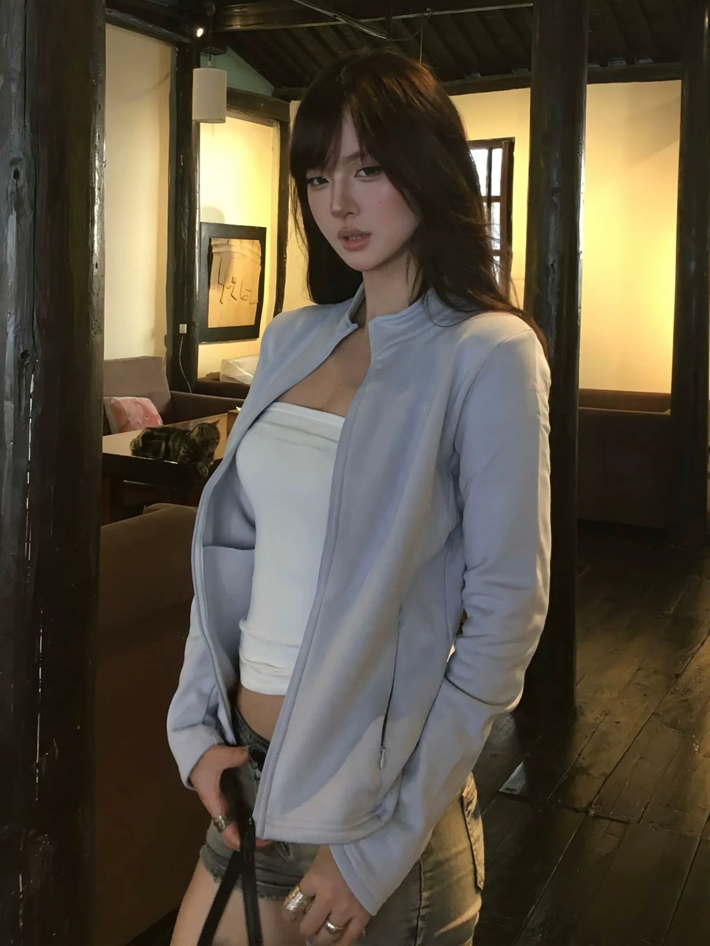 Korean Stand Collar Zip Jacket Retro Sporty Long Sleeve Top