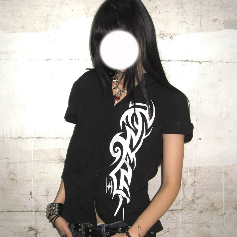Punk Subculture Printed Short Sleeve Shirt Fitted Waist Y2K Alternative Top