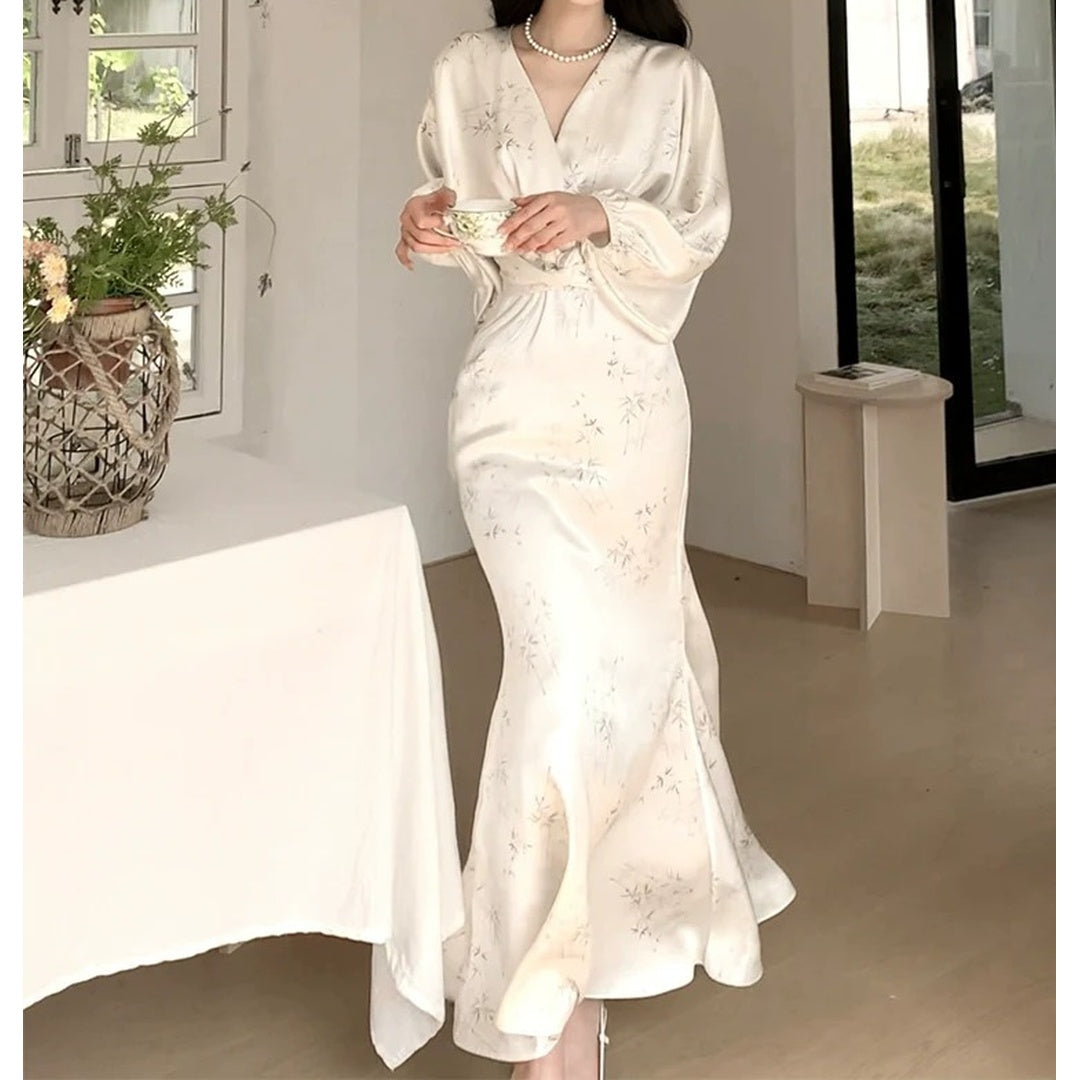 New Chinese Style Long Sleeve White Satin Gown Dress – National Elegant Dress