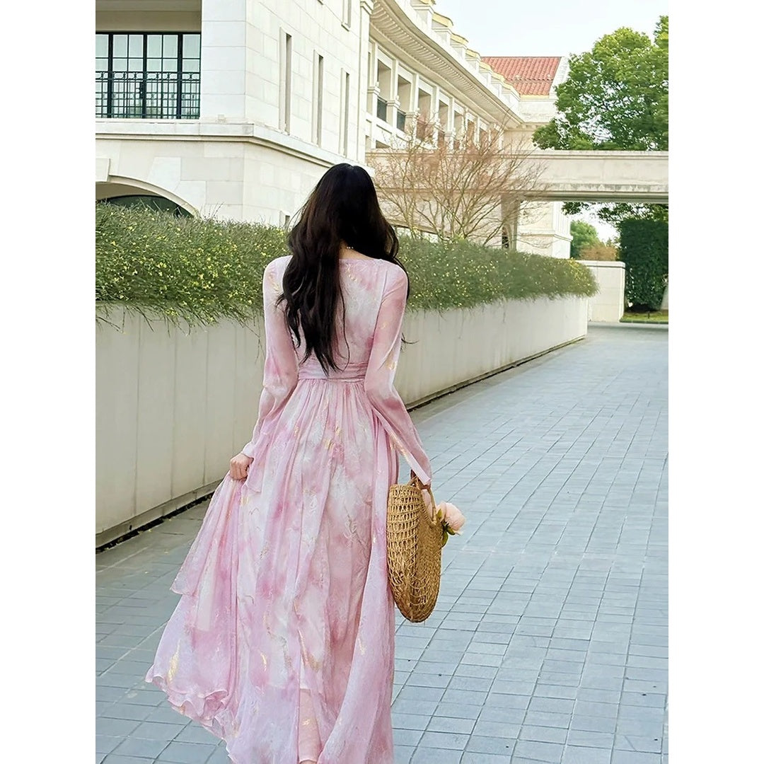 Pink Floral Chiffon Gown Prom Dress