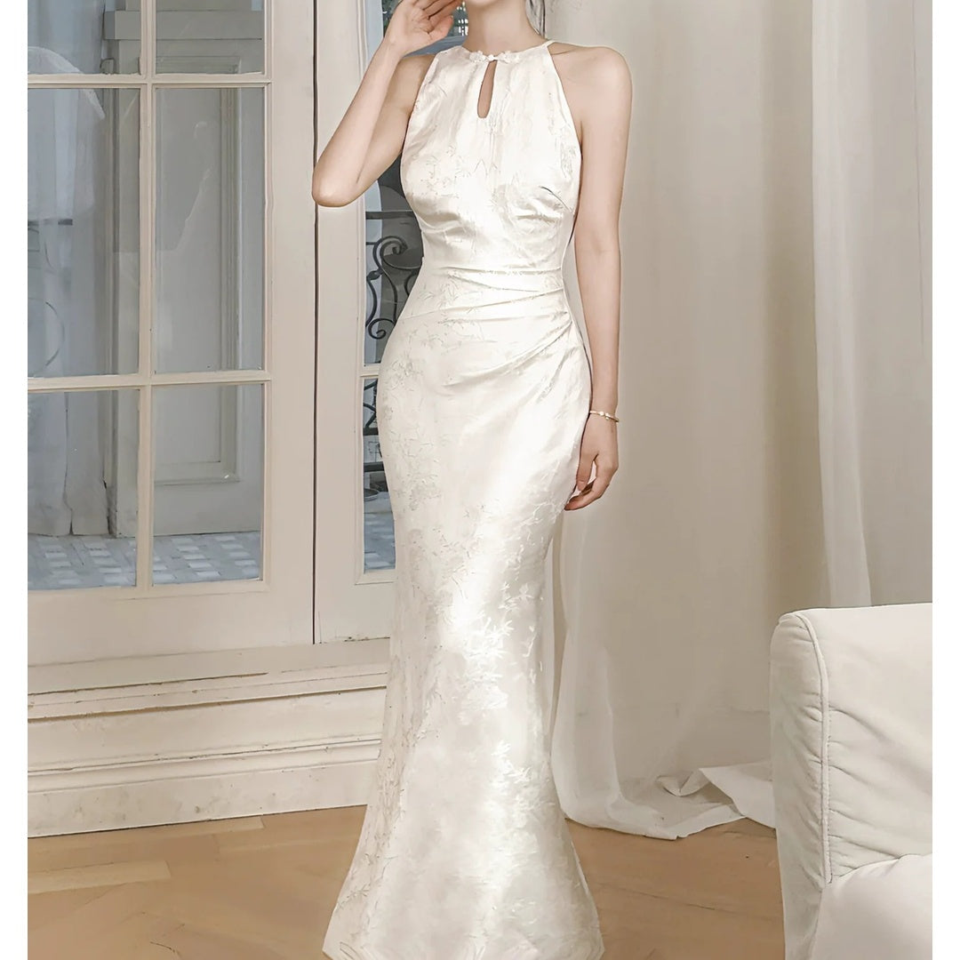 Chinese Satin Halter Mermaid Cheongsam Gown Dress