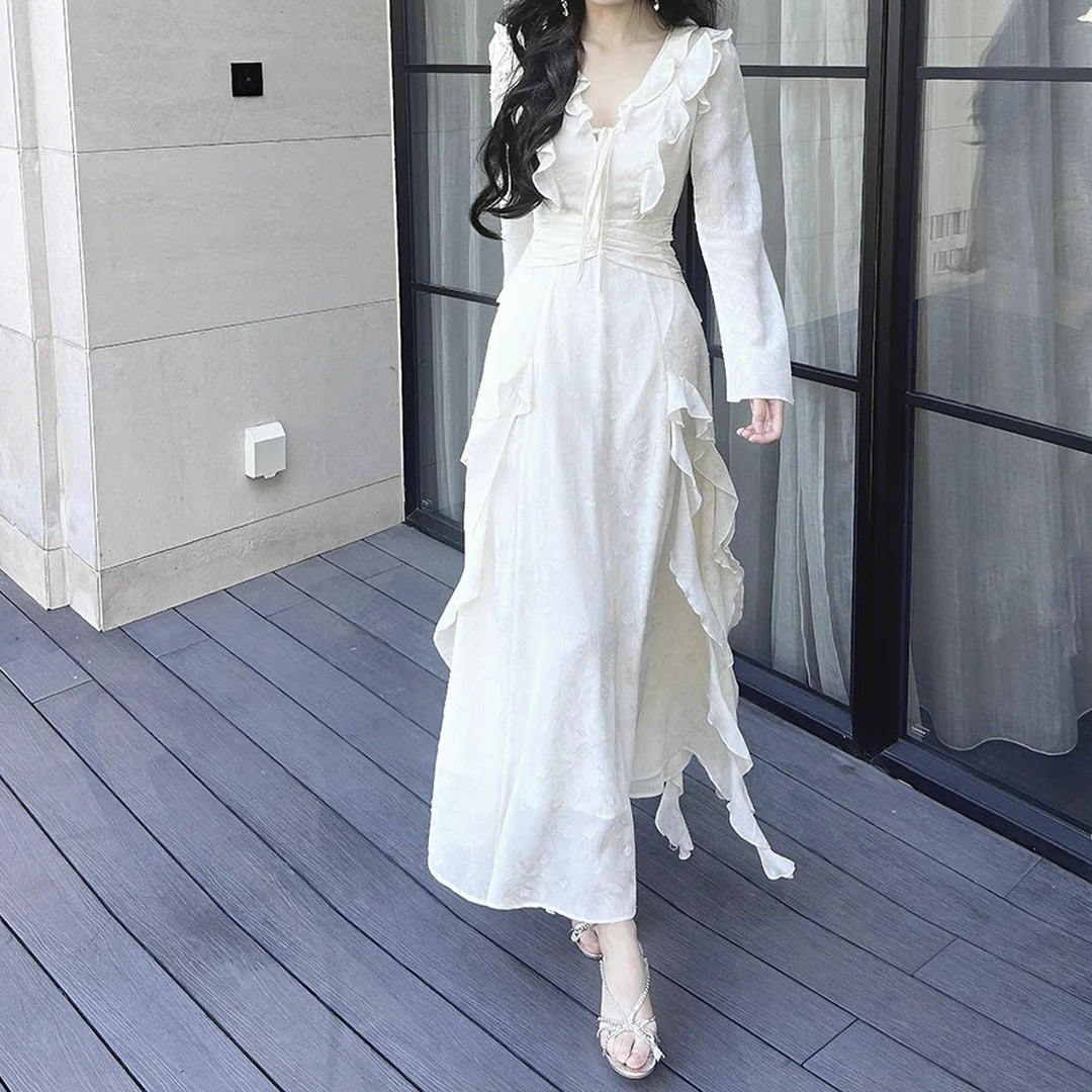 French Fairy V Neck Long Sleeve Ruffle Mermaid Gown Dress