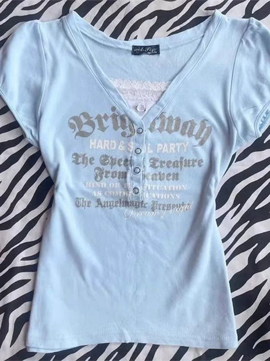 Blue American Vintage V-Neck Lace Letter Button Y2K T-Shirt
