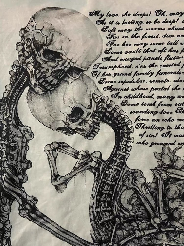 White Punk Y2K E-girl Skull Love Print Off-Shoulder Slim-Fit Short Sleeve Top