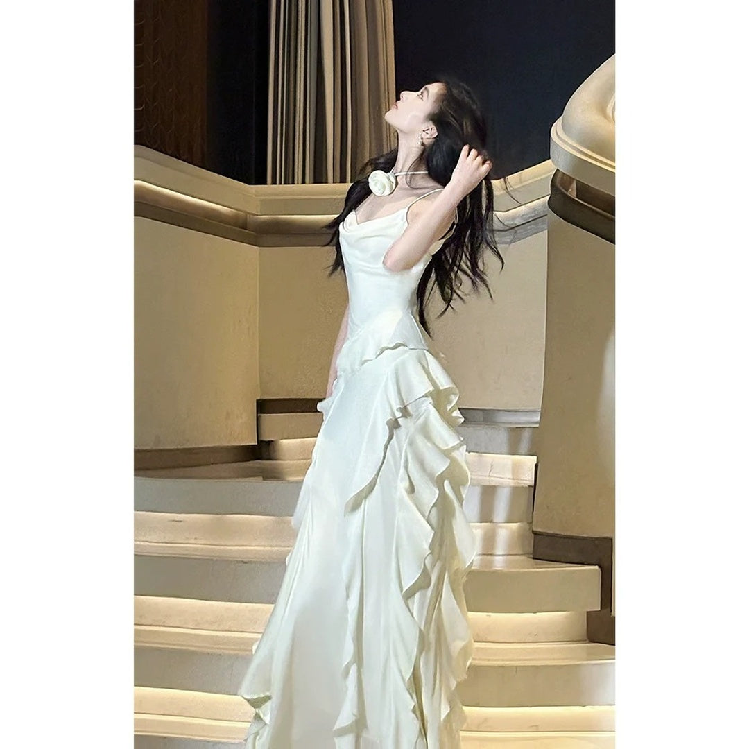 French Asymmetrical Spaghetti Strap Ruffle Gown Dress