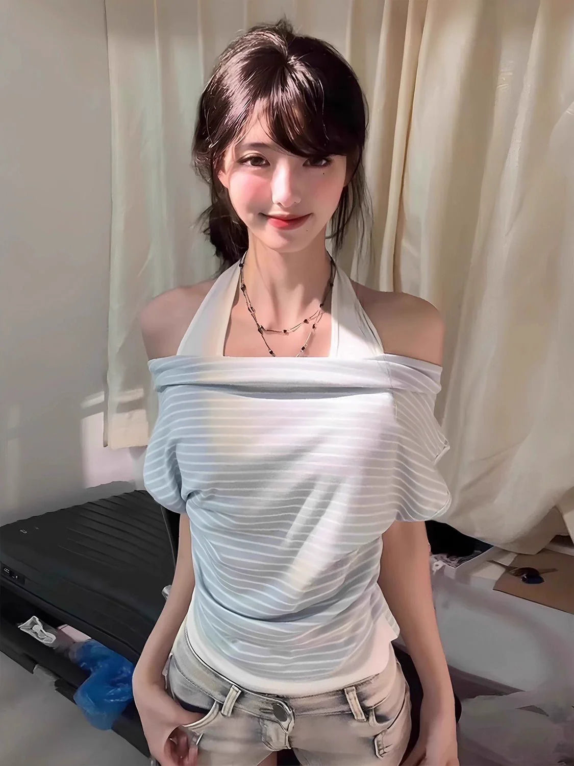 Striped Fake Two-Piece Off-Shoulder Subculture Y2K E-girl Light Subculture Striped Fake Two-Piece Off-Shoulder Short Sleeve Top