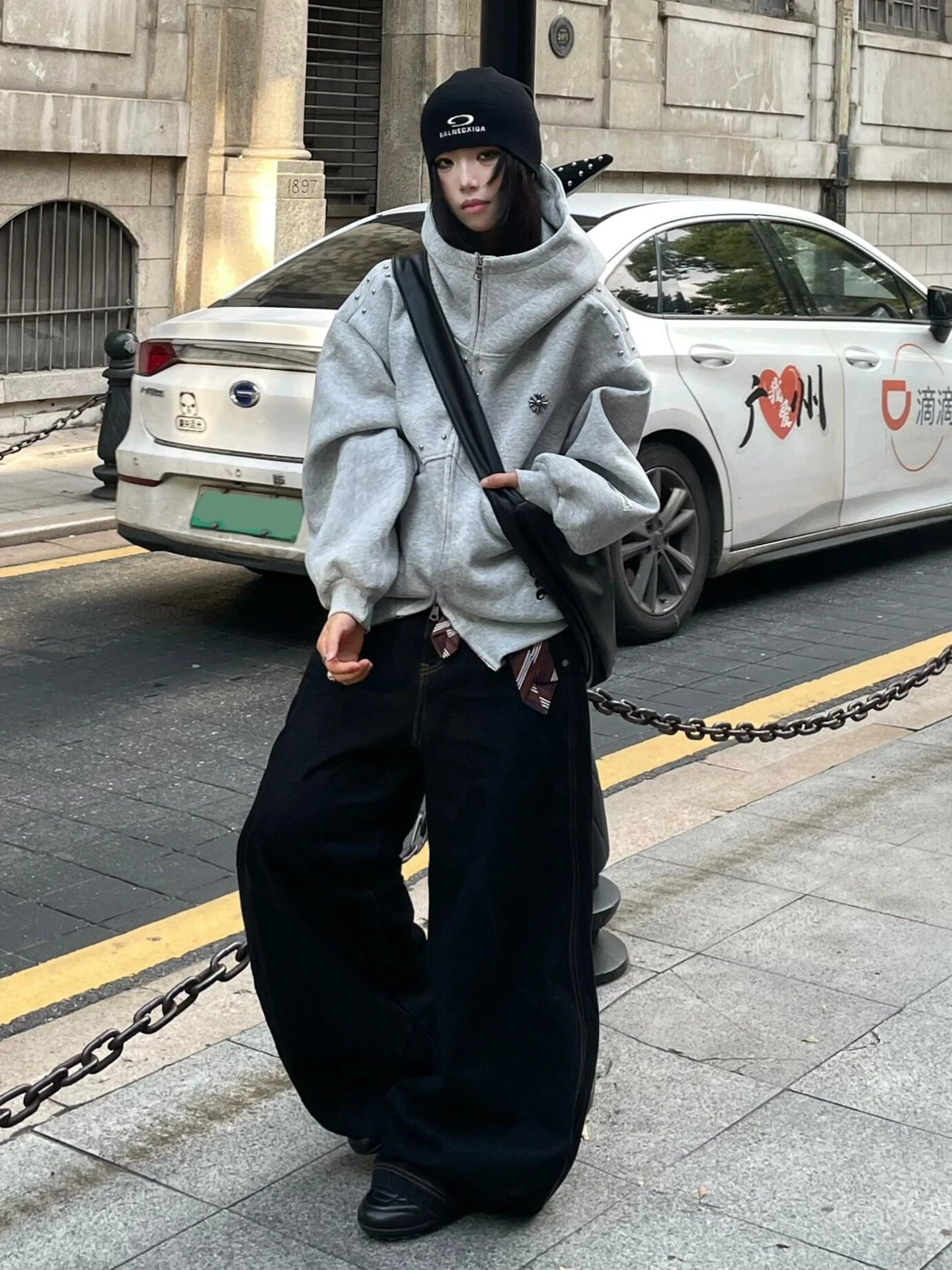 Retro Doberman Studded Zip Up Hoodie Loose Fit Streetwear Top