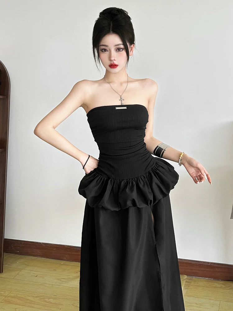 French Chic Black Fake Two-Piece Tube Top High-Slit Maxi Dress