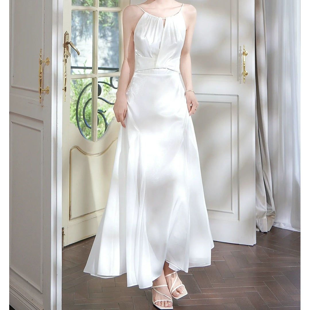 French Satin White Spaghetti Strap Gown Dress