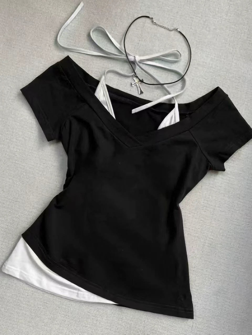 Apricot Subculture Y2K E-girl Abi American Retro V-neck Fake Two-Piece Halter Short Sleeve Top