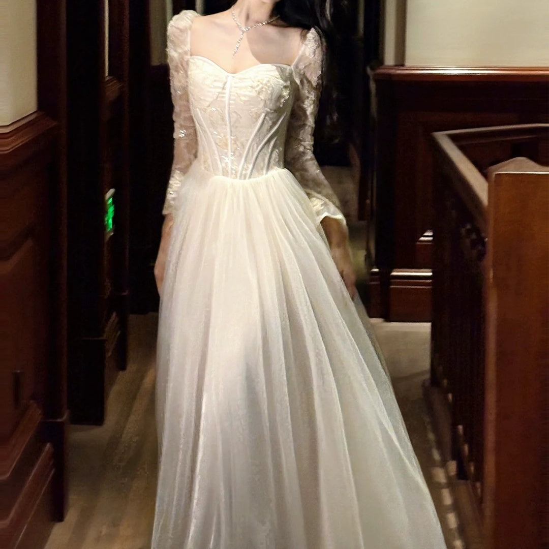 French Luxury Mesh Long Sleeve Bone Gown Dress