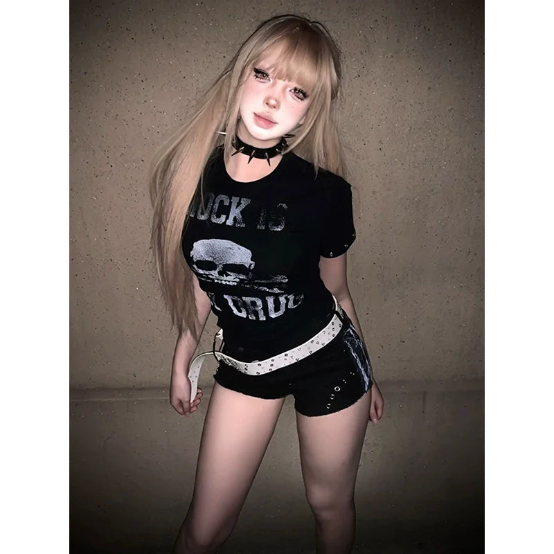 Y2K Black Skull Cropped Tee