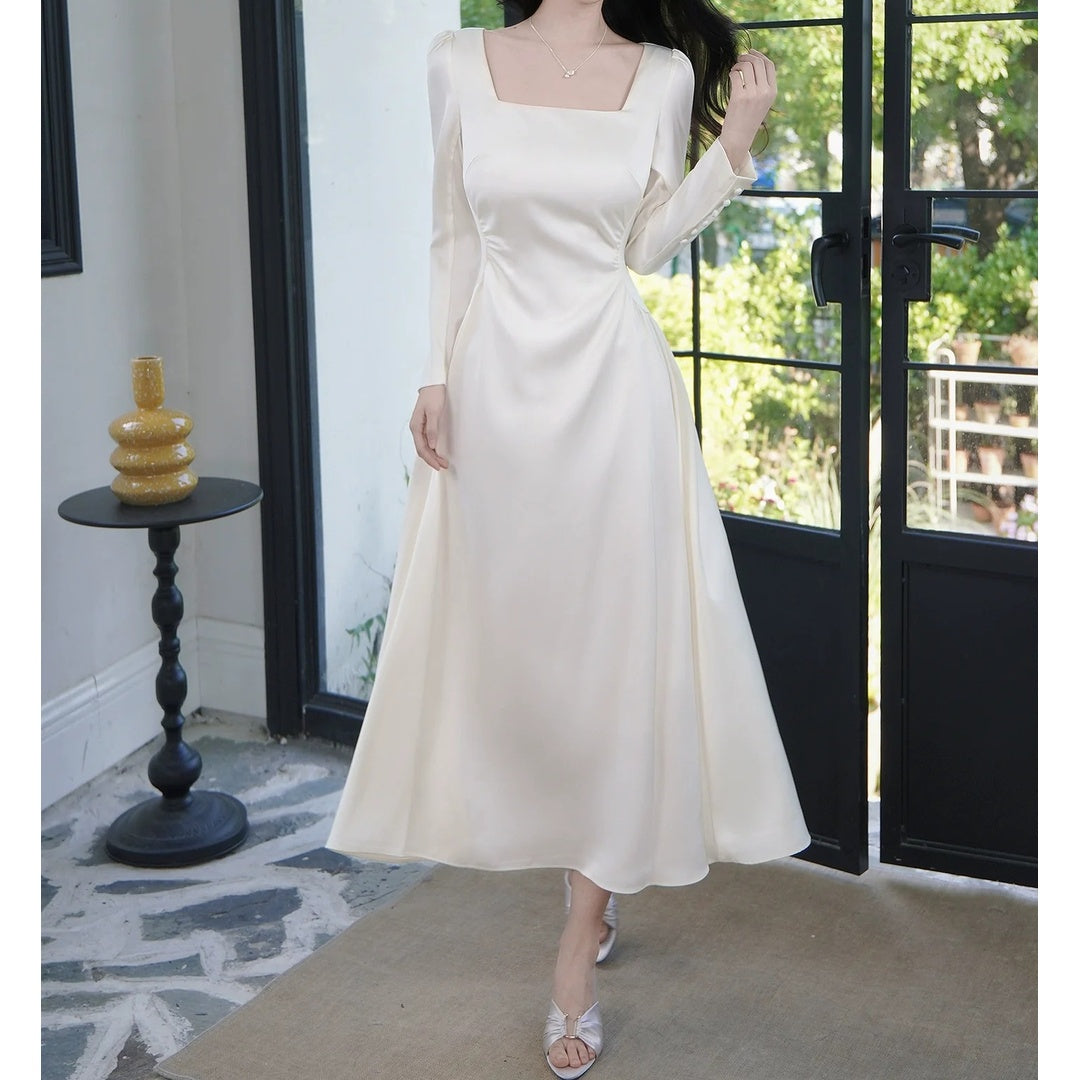French Satin Square Neck A-Line Long Sleeve Gown Dress